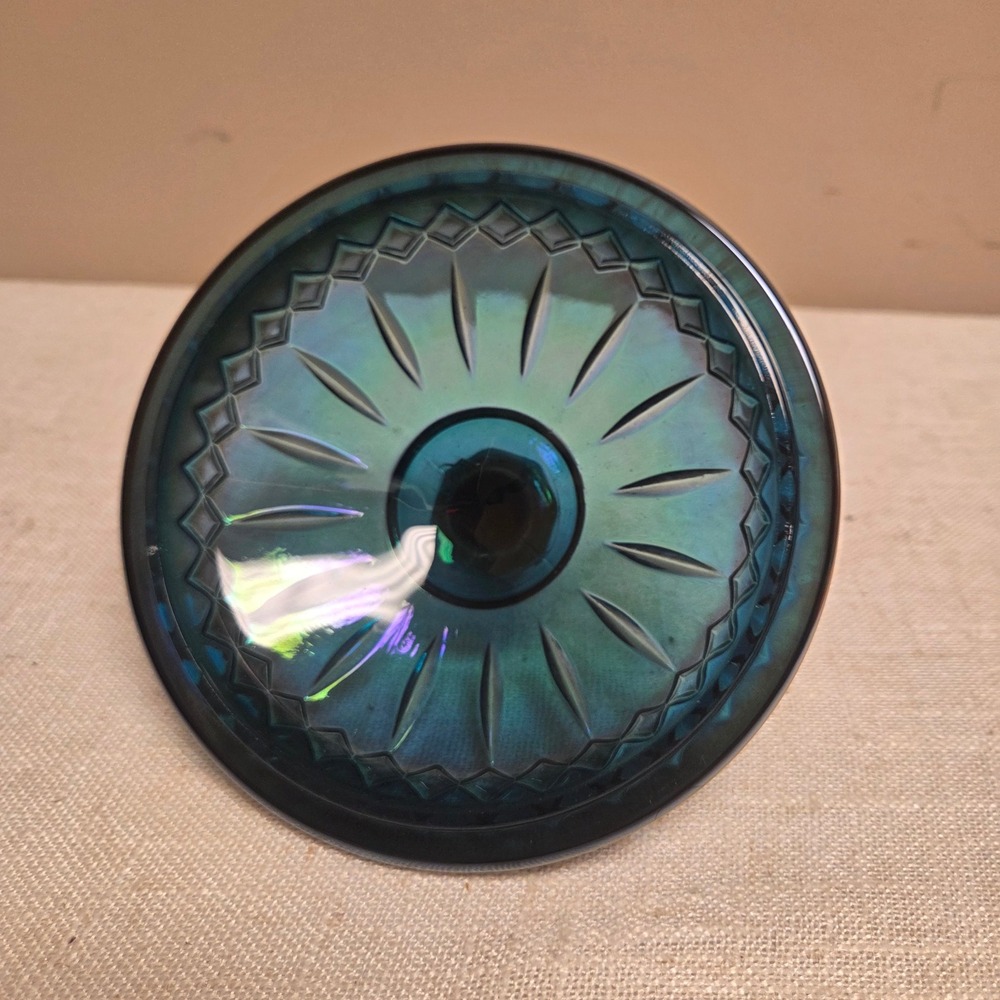 Vintage Blue Carnival Glass Trinket Dish with Lid Iridescent Oil Slick Jar - Picture 9 of 9